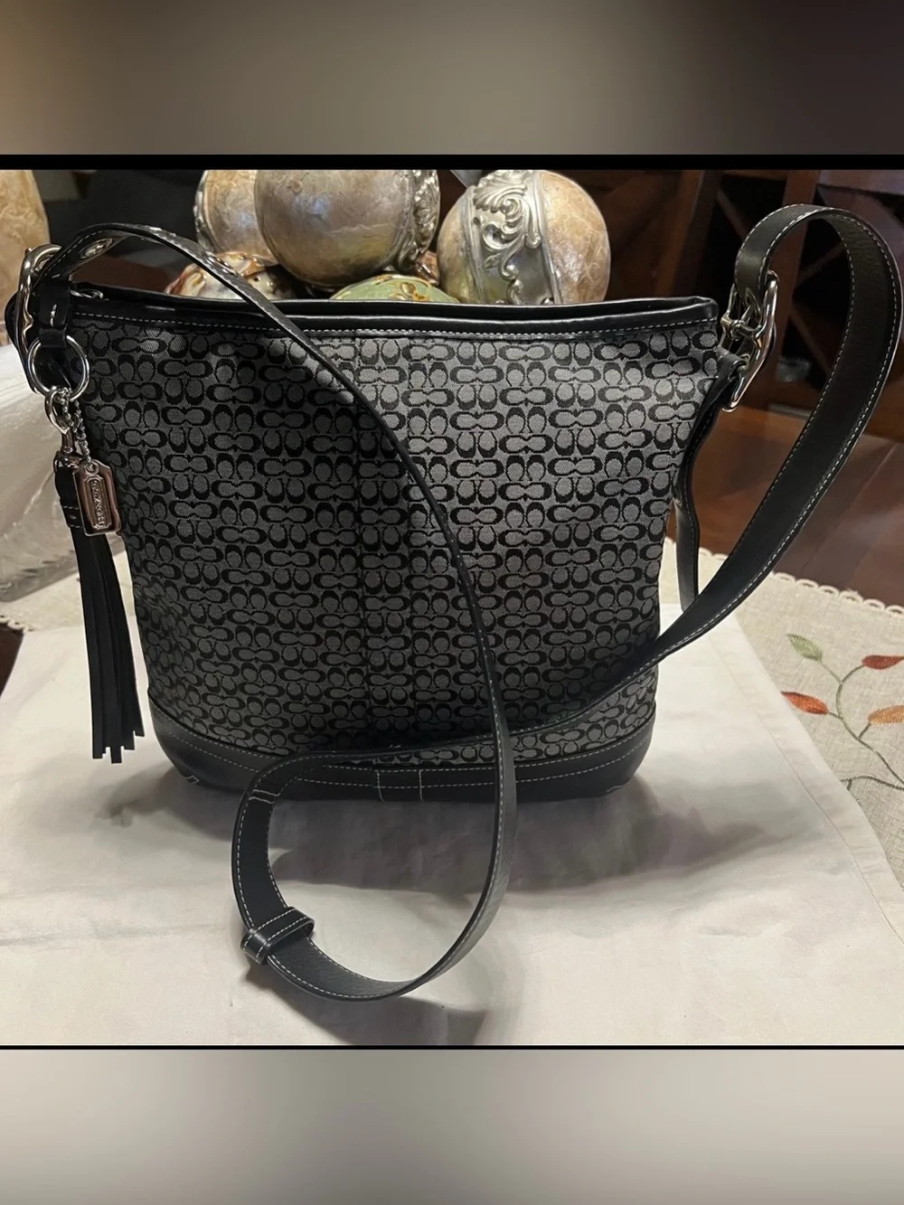 Coach Black and Gray Monogram Crossbody with Tassel